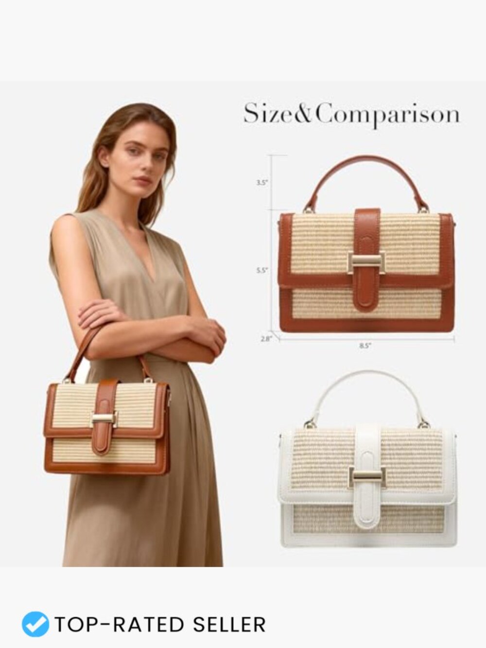 Woven Straw Crossbody Bag Vegan Leather Patchwork Summer Purse Top Handle - Picture 6 of 6